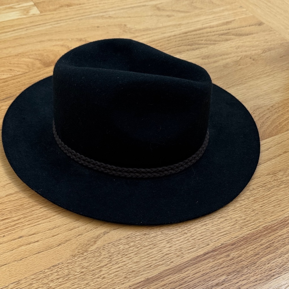 Classic Black Wool Fedora Hat with Brown Leather Braiding